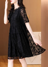 Load image into Gallery viewer, Elegant Black Embroidered Ruffled Silk Dresses Summer