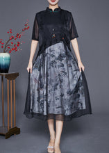 Load image into Gallery viewer, Elegant Black Mandarin Collar Patchwork Print Chiffon Dresses Summer