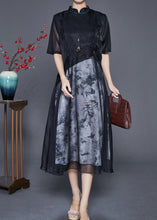 Load image into Gallery viewer, Elegant Black Mandarin Collar Patchwork Print Chiffon Dresses Summer