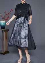 Load image into Gallery viewer, Elegant Black Mandarin Collar Patchwork Print Chiffon Dresses Summer