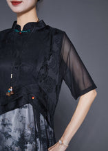 Load image into Gallery viewer, Elegant Black Mandarin Collar Patchwork Print Chiffon Dresses Summer