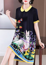 Load image into Gallery viewer, Elegant Black O-Neck Print Long a Line Dress Short Sleeve