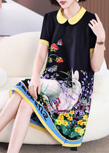 Load image into Gallery viewer, Elegant Black O-Neck Print Long a Line Dress Short Sleeve