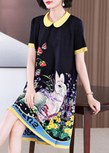 Load image into Gallery viewer, Elegant Black O-Neck Print Long a Line Dress Short Sleeve