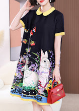 Load image into Gallery viewer, Elegant Black O-Neck Print Long a Line Dress Short Sleeve