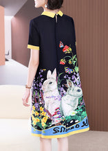 Load image into Gallery viewer, Elegant Black O-Neck Print Long a Line Dress Short Sleeve