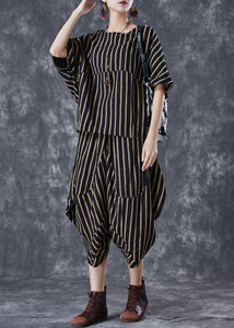 Elegant Black Oversized Striped Linen Women Sets 2 Pieces Summer