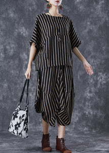 Elegant Black Oversized Striped Linen Women Sets 2 Pieces Summer