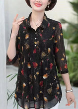 Load image into Gallery viewer, Elegant Black Peter Pan Collar Print Patchwork Silk Shirts Top Summer