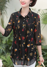 Load image into Gallery viewer, Elegant Black Peter Pan Collar Print Patchwork Silk Shirts Top Summer