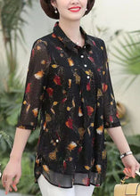 Load image into Gallery viewer, Elegant Black Peter Pan Collar Print Patchwork Silk Shirts Top Summer