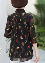 Load image into Gallery viewer, Elegant Black Peter Pan Collar Print Patchwork Silk Shirts Top Summer