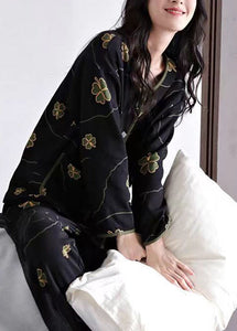 Elegant Black Print Button Cotton Two Pieces Set Long Sleeve