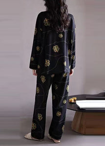 Elegant Black Print Button Cotton Two Pieces Set Long Sleeve