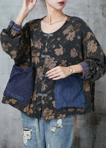 Elegant Black Print Patchwork Pockets Linen Blouses Spring