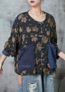 Elegant Black Print Patchwork Pockets Linen Blouses Spring