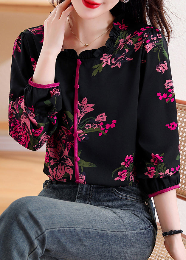 Elegant Black Ruffled Print Chiffon Top Long Sleeve