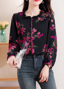 Elegant Black Ruffled Print Chiffon Top Long Sleeve