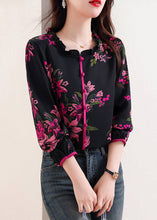 Load image into Gallery viewer, Elegant Black Ruffled Print Chiffon Top Long Sleeve