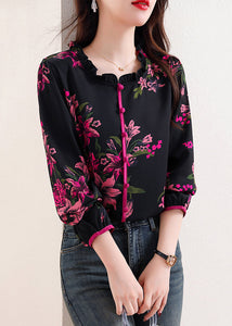 Elegant Black Ruffled Print Chiffon Top Long Sleeve