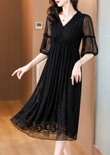 Load image into Gallery viewer, Elegant Black V Neck Embroidered Wrinkled Silk Dress Summer