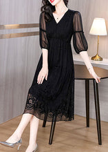 Load image into Gallery viewer, Elegant Black V Neck Embroidered Wrinkled Silk Dress Summer