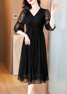 Elegant Black V Neck Embroidered Wrinkled Silk Dress Summer