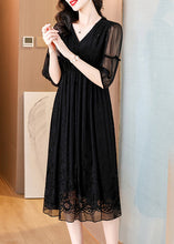 Load image into Gallery viewer, Elegant Black V Neck Embroidered Wrinkled Silk Dress Summer