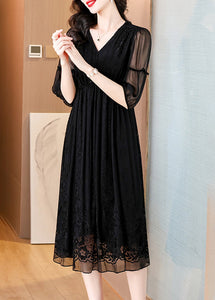 Elegant Black V Neck Embroidered Wrinkled Silk Dress Summer