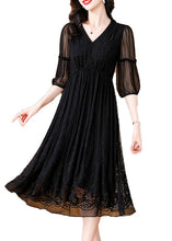 Load image into Gallery viewer, Elegant Black V Neck Embroidered Wrinkled Silk Dress Summer