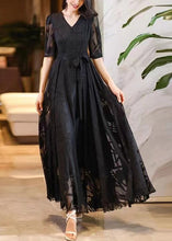 Load image into Gallery viewer, Elegant Black V Neck Tie Waist Chiffon Maxi Dresses Summer