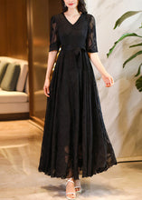 Load image into Gallery viewer, Elegant Black V Neck Tie Waist Chiffon Maxi Dresses Summer