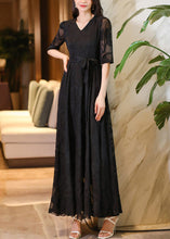 Load image into Gallery viewer, Elegant Black V Neck Tie Waist Chiffon Maxi Dresses Summer