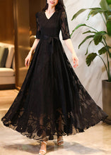 Load image into Gallery viewer, Elegant Black V Neck Tie Waist Chiffon Maxi Dresses Summer