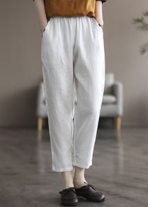 Elegant Black tPatchwork Elastic Waist Solid Linen Crop Pants