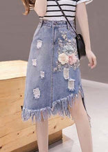 Load image into Gallery viewer, Elegant Blue Asymmetrical Patchwork Tassel Hole Denim Skirts Summer