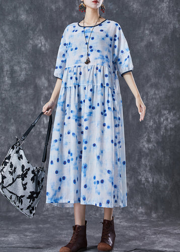 Elegant Blue Dot Oversized Patchwork Linen Maxi Dresses Summer