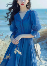 Load image into Gallery viewer, Elegant Blue Peter Pan Collar Button Chiffon Dress Flare Sleeve