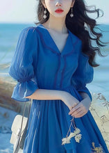 Load image into Gallery viewer, Elegant Blue Peter Pan Collar Button Chiffon Dress Flare Sleeve