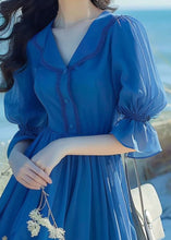 Load image into Gallery viewer, Elegant Blue Peter Pan Collar Button Chiffon Dress Flare Sleeve