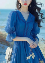 Load image into Gallery viewer, Elegant Blue Peter Pan Collar Button Chiffon Dress Flare Sleeve