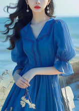 Load image into Gallery viewer, Elegant Blue Peter Pan Collar Button Chiffon Dress Flare Sleeve