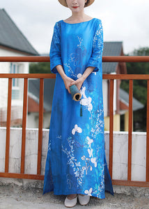 Elegant Blue Print Side Open Linen Dresses Bracelet Sleeve