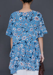 Elegant Blue Print Silm Fit Chiffon Shirt Summer