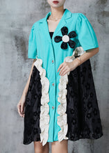 Load image into Gallery viewer, Elegant Blue Ruffled Patchwork Floral Spandex Dress Summer