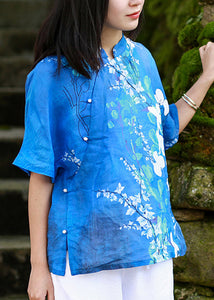 Elegant Blue Stand Collar Print Side Open Shirt Short Sleeve