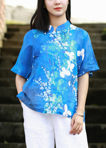 Elegant Blue Stand Collar Print Side Open Shirt Short Sleeve