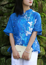 Load image into Gallery viewer, Elegant Blue Stand Collar Print Side Open Shirt Short Sleeve