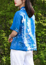 Load image into Gallery viewer, Elegant Blue Stand Collar Print Side Open Shirt Short Sleeve