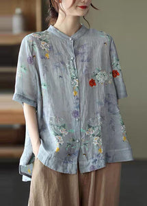 Elegant Colorful geometry Stand Collar Print Tops Half Sleeve